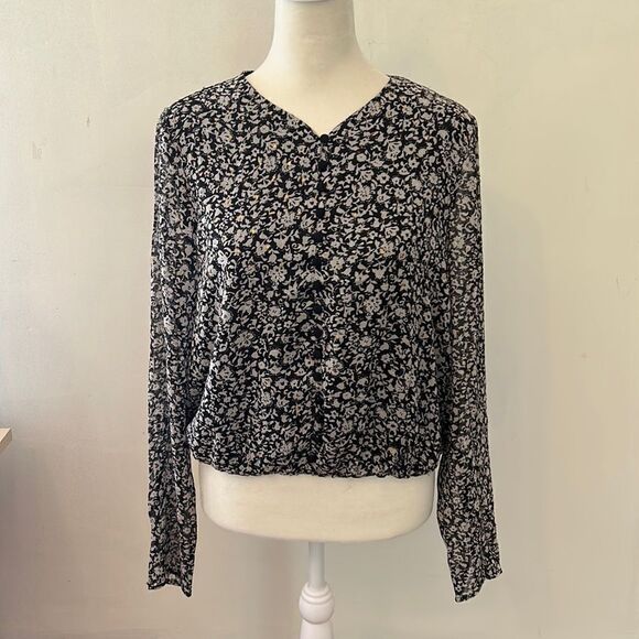 Rachel Zoe black gray metallic long sleeve floral blouse Size S NWOT - Picture 1 of 11